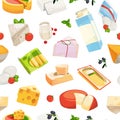 Vector cartoon dairy and cheese products pattern or background illustration