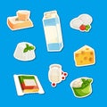 Vector cartoon dairy and cheese products stickers set illustration Royalty Free Stock Photo