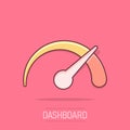 Vector cartoon dashboard icon in comic style. Level meter sign illustration pictogram. Speed business splash effect concept