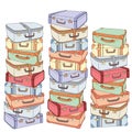 Vector cartoon decorative stack of old retro suitcases. Hand drawn set of decorative suitcases. Doodle illustration