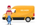 Vector cartoon delivery man with carton box a car