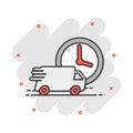 Vector cartoon delivery truck 24h icon in comic style. 24 hours fast delivery service shipping sign illustration pictogram. Car Royalty Free Stock Photo