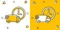 Vector cartoon delivery truck 24h icon in comic style. 24 hours fast delivery service shipping sign illustration pictogram. Car Royalty Free Stock Photo