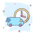 Vector cartoon delivery truck 24h icon in comic style. 24 hours fast delivery service shipping sign illustration pictogram. Car Royalty Free Stock Photo