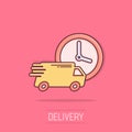 Vector cartoon delivery truck 24h icon in comic style. 24 hours fast delivery service shipping sign illustration pictogram. Car Royalty Free Stock Photo