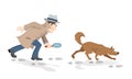 Vector cartoon of detective with magnifying glass and tracker dog