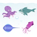 Vector cartoon different sea and ocean animals set. Octopus, stingray, shark, cuttlefish. Royalty Free Stock Photo