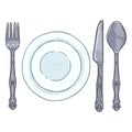 Vector Cartoon Color Dining Set - Vintage Silver Fork, Knife, Spoon and Porcelain Plates