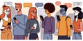 Vector Cartoon of a Diverse Group of People Communicating with Modern Technology. Royalty Free Stock Photo