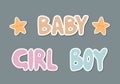 Vector cartoon doodle illustrations in scandinavian style. Handwritten words girl, boy, baby. Cute stickers with