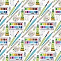 Vector cartoon doodles hand drawn art supplies seamless pattern. school background