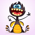 Vector cartoon dragon monster. Halloween black monster waving isolated