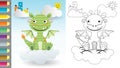Vector cartoon of dragon sitting on cloud, fairytale elements, coloring book or page Royalty Free Stock Photo