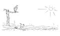 Vector Cartoon Drawing of Arid Desert Landscape Illustration With Vulture Sitting on Dead Tree