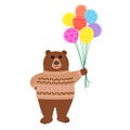Vector cartoon drawing of brown bear animal wearing cream color yarn sweater, standing and hold colorful yellow, red, pink, blue, Royalty Free Stock Photo