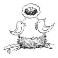 Vector Cartoon Illustration of Couple of Male and Female Birds Building Nest and Thinking Together About Laying Eggs