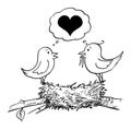 Vector Cartoon Illustration of Loving Couple in Love of Male and Female Birds Building Nest and Thinking Together About