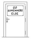 Vector Cartoon Illustration of Door With Go Somewhere Else Sign. Immigration Concept. Royalty Free Stock Photo