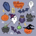 Vector cartoon drawing Halloween character elements, vampire grave, pumpkin wearing witch hat, cat, violet owl, bats, pot