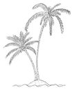 Vector Cartoon Drawing of Two Palm Trees on Small Island in Ocean