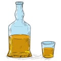 Vector Cartoon Drawing of Whiskey or hard Liquor Bottle and Shot Glass Royalty Free Stock Photo