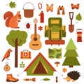 Vector cartoon eco tourism icons camping set