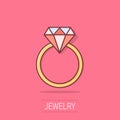 Vector cartoon engagement ring with diamond icon in comic style. Wedding jewelery ring illustration pictogram. Romance Royalty Free Stock Photo