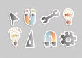 Vector cartoon engineering icon set. Magnet, bulb, satellite and mechanical instruments in one cartoon icon collection