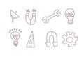 Vector cartoon engineering icon set. Magnet, bulb, satellite and mechanical instruments in one cartoon icon collection