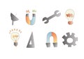 Vector cartoon engineering icon set. Magnet, bulb, satellite and mechanical instruments in one cartoon icon collection