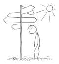 Vector Cartoon of Exhausted and Thirsty Man Walking on Desert and Found Empty Signpost Royalty Free Stock Photo