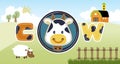 Farm field landscape cartoon with funny animals