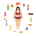 Vector cartoon fat woman and unhealthy food