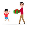 Vector cartoon father giving her son a present