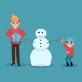 Vector cartoon father son together build snowman