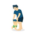 Vector cartoon father teaching his son to walk. Isolated white background. A man and a babe are beginning to walk. Flat style. Dad