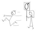 Vector Cartoon of Feminist Woman Walking or Manifesting with Female Gender Symbol Sign and Man Running Away