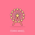 Vector cartoon ferris wheel icon in comic style. Carousel in park sign illustration pictogram. Amusement ride business splash