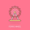 Vector cartoon ferris wheel icon in comic style. Carousel in park sign illustration pictogram. Amusement ride business splash