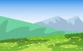 Vector cartoon field landscape of summer meadows, grass with flowers