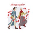 Flat cartoon homosexual characters couple,Valentine Day greeting card vector illustration concept