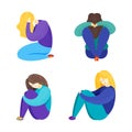 Vector cartoon flat illustration of depression. Sad girls