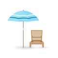 Vector cartoon flat illustration of wooden beach chair, umbrella isolated on white Royalty Free Stock Photo