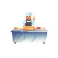 Flat cartoon man character chef cooks meal,teaches how to cook,professional food cooking courses vector illustration