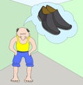 Vector cartoon flat man, dreams of buying shoe. Barefoot male thinks about shoes