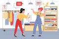 Flat cartoon pair of quarreling characters in clothing store, vector illustration concept