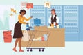 Flat cartoon pair of quarreling characters in grocery store,conflict scene vector illustration concept