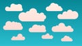 Vector cartoon flat shape clouds set isolated on a blue background. Abstract cloudscape, heaven and sky with warm colors. Template