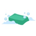 Vector cartoon flat style green rectangular soap vector icon. Blue bubbles. Stylized bath accessories Royalty Free Stock Photo