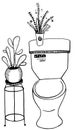 Vector black and white toilet bowl with two hause plants in the pots